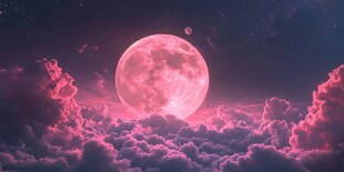 梦幻粉月悬于云海之上