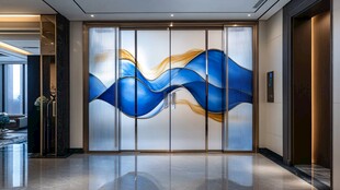 现代艺术风蓝色波浪玻璃隔断