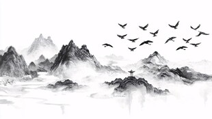 水墨山水间飞鸟翱翔图
