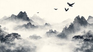 水墨山水间飞鸟翱翔