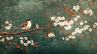 双鸟栖花枝头意韵美