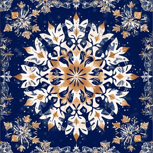 蓝金花卉几何图案装饰画