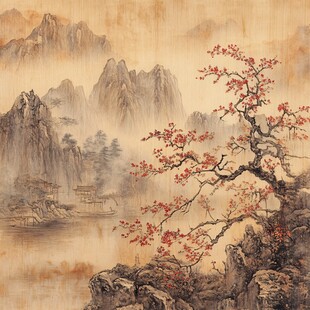 水墨山水红梅图