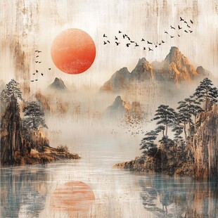 落日群山飞鸟山水意境图