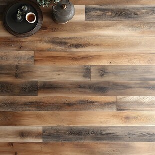 木纹地板与雅致茶具组合