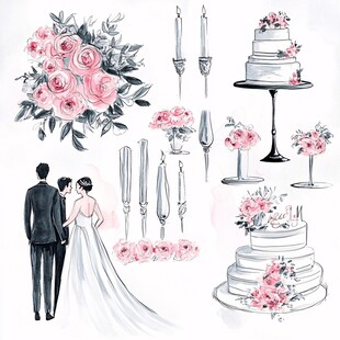 浪漫婚礼元素手绘插画