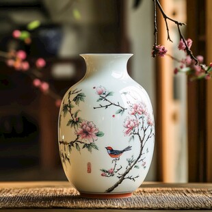 中式手绘花鸟瓷瓶摆件