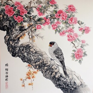 花鸟国画 枝头雀立绽繁花