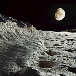 月球表面与高悬的月牙