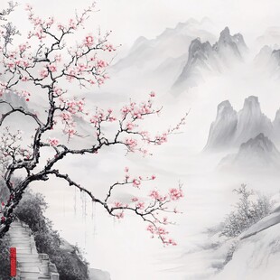 水墨山水间的绽放红梅