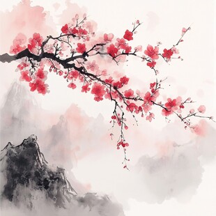 水墨红梅图 山水添韵