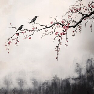 双鸟栖梅枝 水墨绘春景