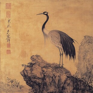 丹顶鹤立于岩石古风图景