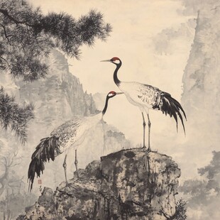 松鹤图 双鹤立于山石间