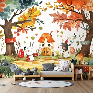 秋日童话风儿童房温馨背景墙