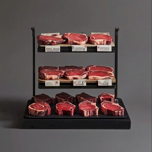 三层架上陈列的新鲜牛肉