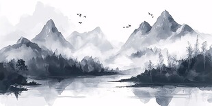 水墨山水间 飞鸟伴林湖