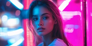 霓虹灯下的时尚魅力女性