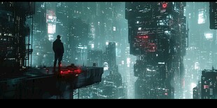 孤独身影于赛博都市之巅