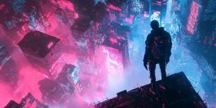 赛博朋克风都市中的孤独身影