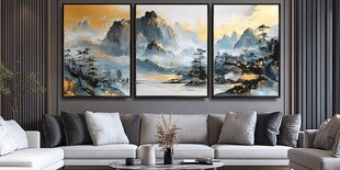 中式客厅三联山水装饰画