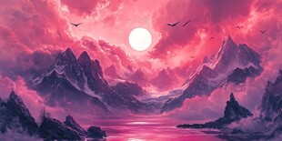 梦幻粉紫山水间的日落奇景