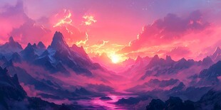 梦幻粉紫霞光中的壮美山峦