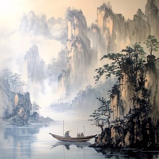 江上孤舟伴奇峰云雾景