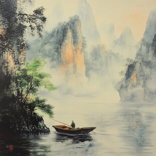 孤舟泛江山水间