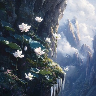 悬崖上绽放的梦幻白莲花