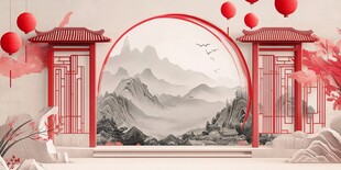 中式拱门景 山水间添喜庆