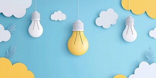 蓝色背景下的创意灯泡云朵