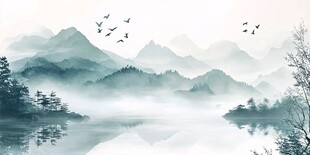 水墨山水间飞鸟掠湖景