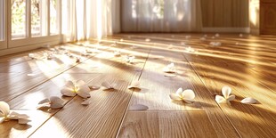 阳光洒落木地板花瓣场景