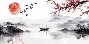 水墨湖畔红月飞鸟图