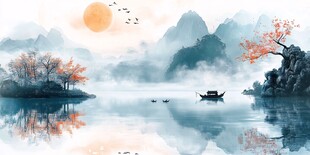 水墨山水间的静谧泛舟景