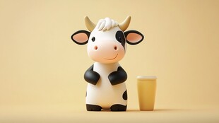 可爱小牛玩偶与黄色杯子