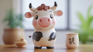 可爱小牛摆件与汉字茶杯