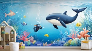 梦幻海底主题儿童房背景墙