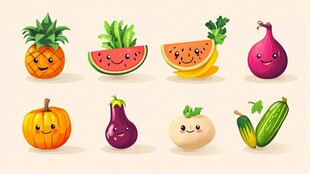 可爱拟人化水果与蔬菜集合