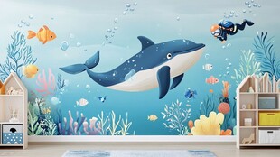 梦幻海底主题儿童房背景墙