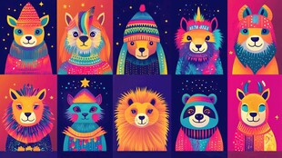 可爱多彩动物冬季装扮图