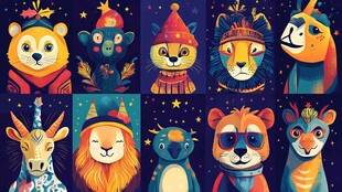 可爱动物节日装扮插画