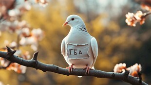 白鸽衔茶牌栖于花枝间