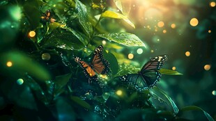 梦幻绿叶间的蝴蝶光影