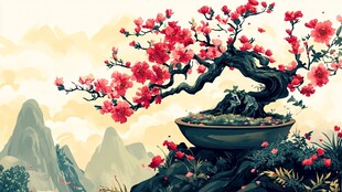 中式盆景绽放艳丽红梅