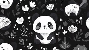 可爱熊猫置身花草图案中