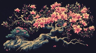 玉兰花树盆景精美插画