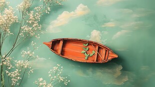 水面孤舟伴繁花