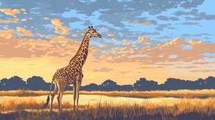 夕阳下的长颈鹿草原图景